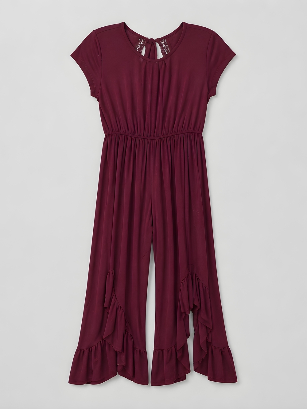 Womens S Small Cap-Sleeve Burgundy High-Low Ruffle Midi Romper Open Lace Back